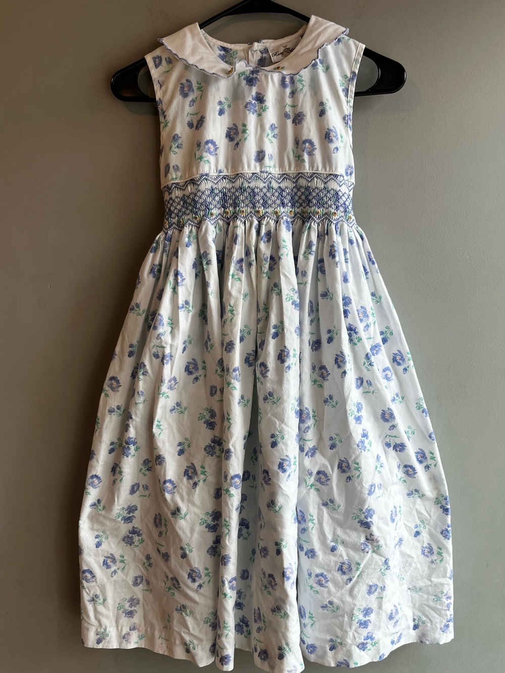 Rare Editions White Dress with Blue Floral Print and Smocked Waist